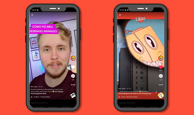 Imagem tirada do aplicativo TikTok mostrando dois vídeos da conta Likus que conseguiram muitos seguidores.